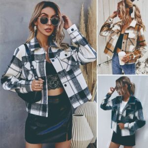 Single-breasted Woolen Plaid Short Coat Women